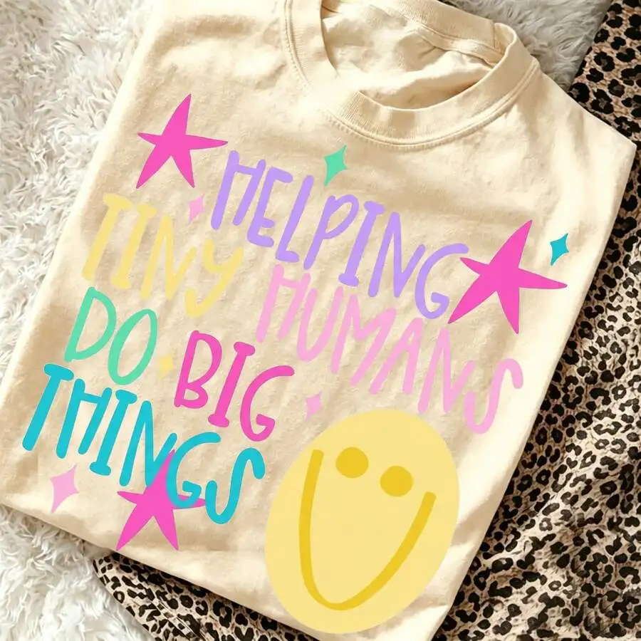 Women's Crew Neck Short Sleeve Casual T‑Shirt Helping Tiny Humans Do Big Things Teacher Cute Face Star Graphic Print Elementary School Kindergarten Tee Top