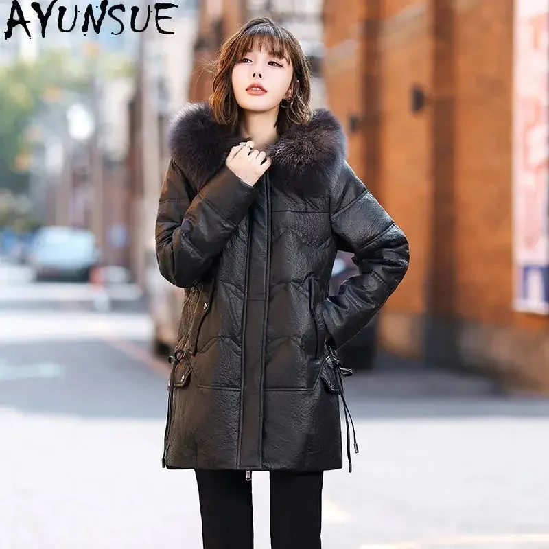 Casual AYUNSUE Real Leather Jacket Women Winter Mid-long Down Coats Hooded Fox Fur Collar Loose Sheepskin Coat Roupas Femininas