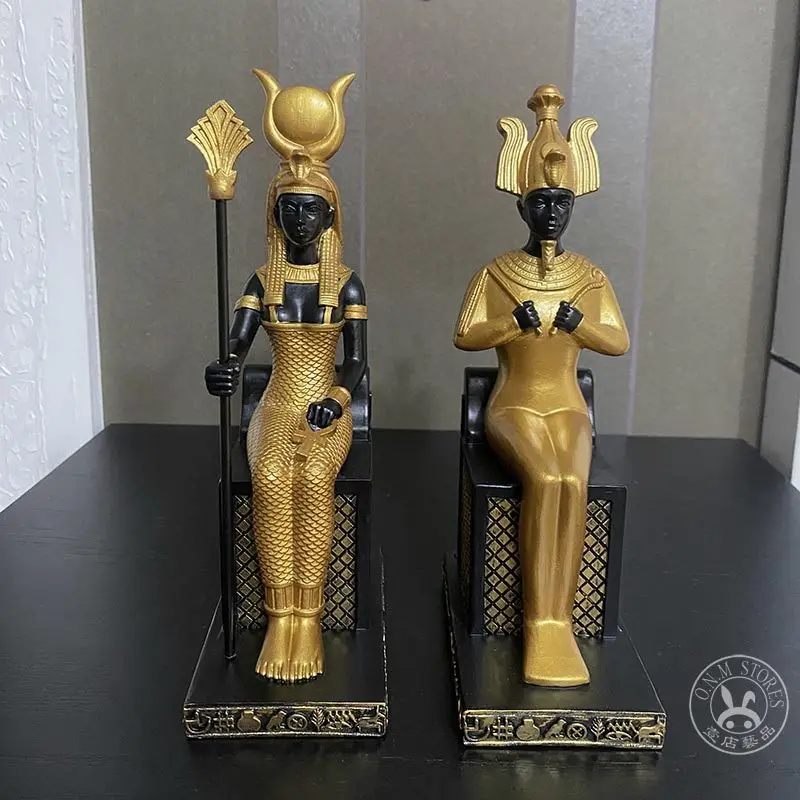 New Ancient Egyptian Sitting Posture Osiris Isis Pharaoh Queen Ornament Resin