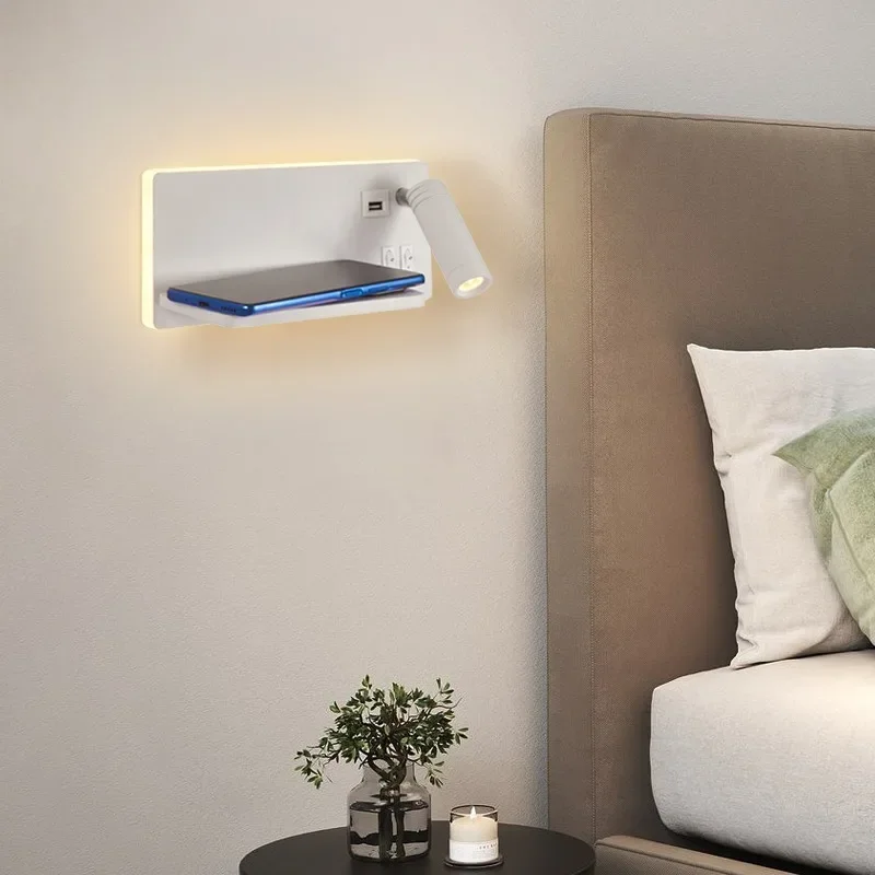 Nordic Wall Mounted Bedside Lamp with Storage Shelf, Switch, USB and Wireless Charging for Bedroom Hotel