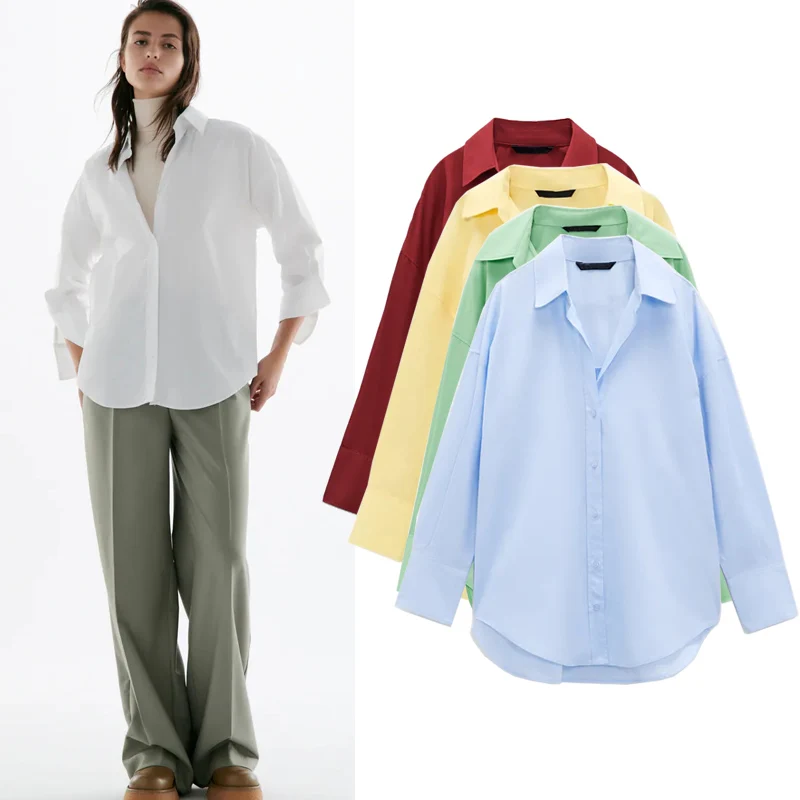 

White Cotton Loose Long Sve irt Collar Commute Sle Women's Premium Faion Spring 2025 Pure Color Polyester Fiber