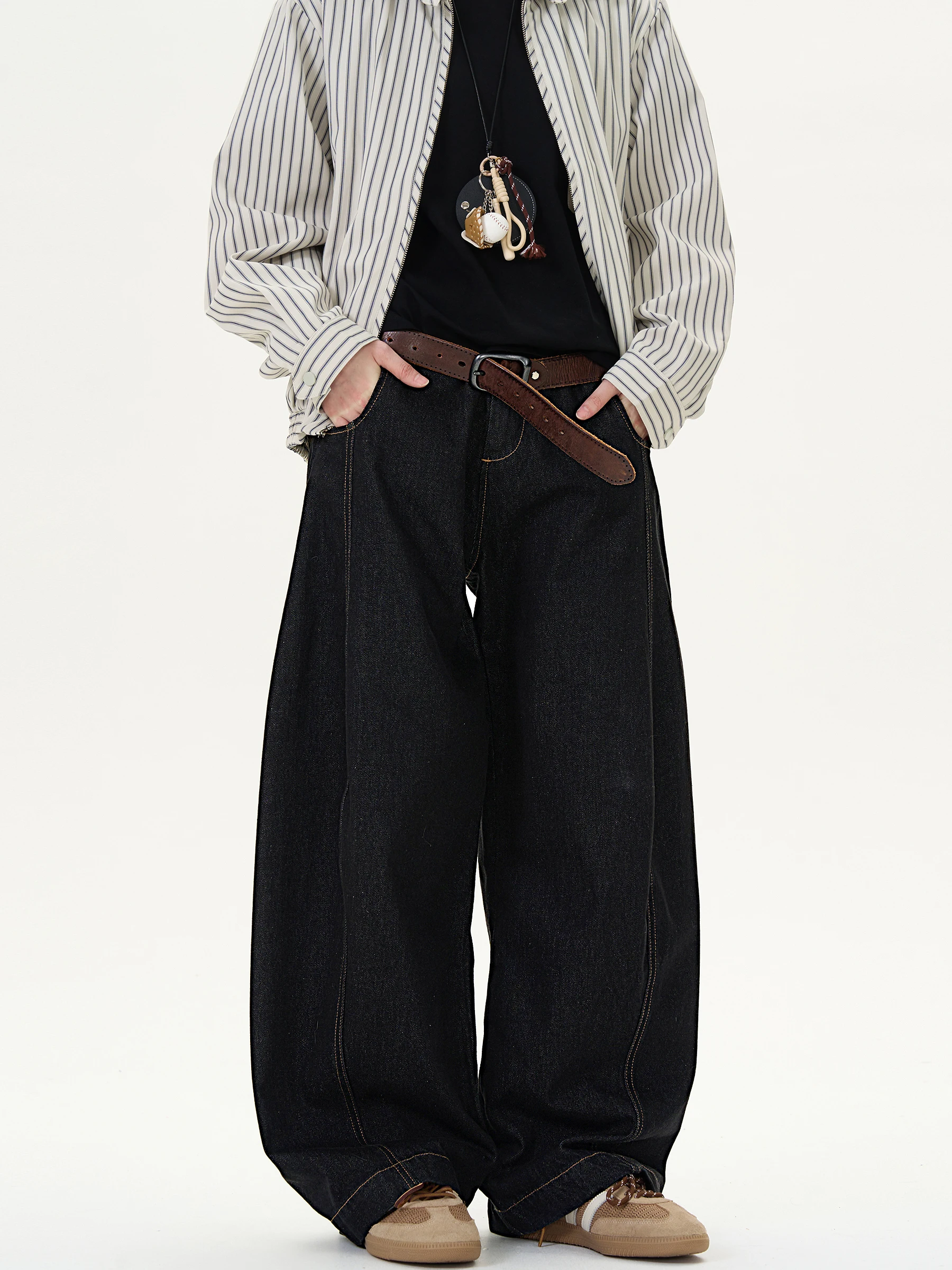 Calças Jeans Americanas Retrô Pretas de Perna Larga com Corte Reto e Detalhe de Faca, Jeans Casual Solto de Perna Reta, Calça...