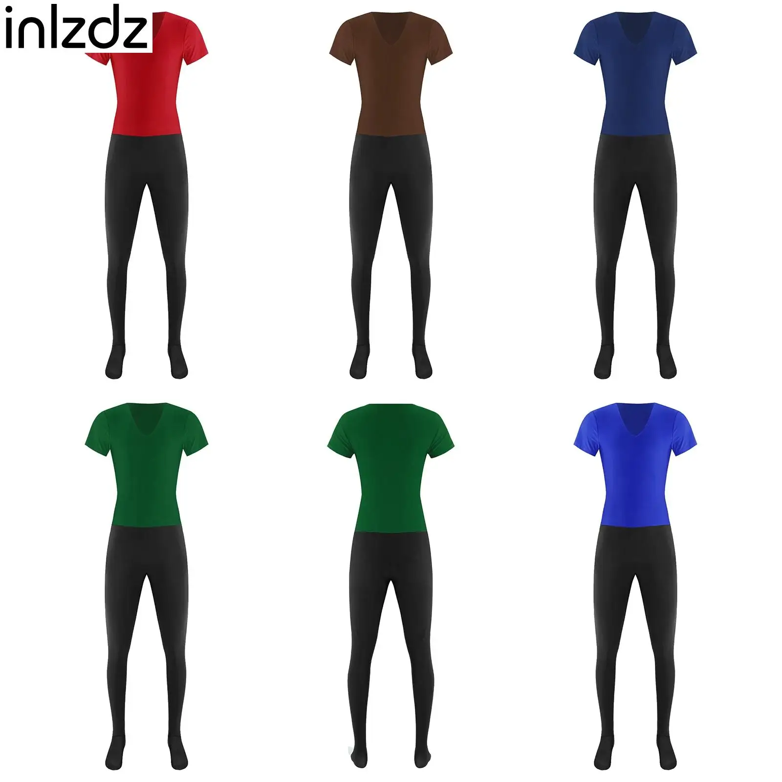 ผู้ชายบัลเล่ต์เต้นรำยูนิทาร์ดจั๊มสูทยิมนาสติกสเก็ตลีลาเครื่องแต่งกายเซ็กซี่แขนสั้นกางเกงขายาวกางเกงสีตัดกันบอดี้สูท