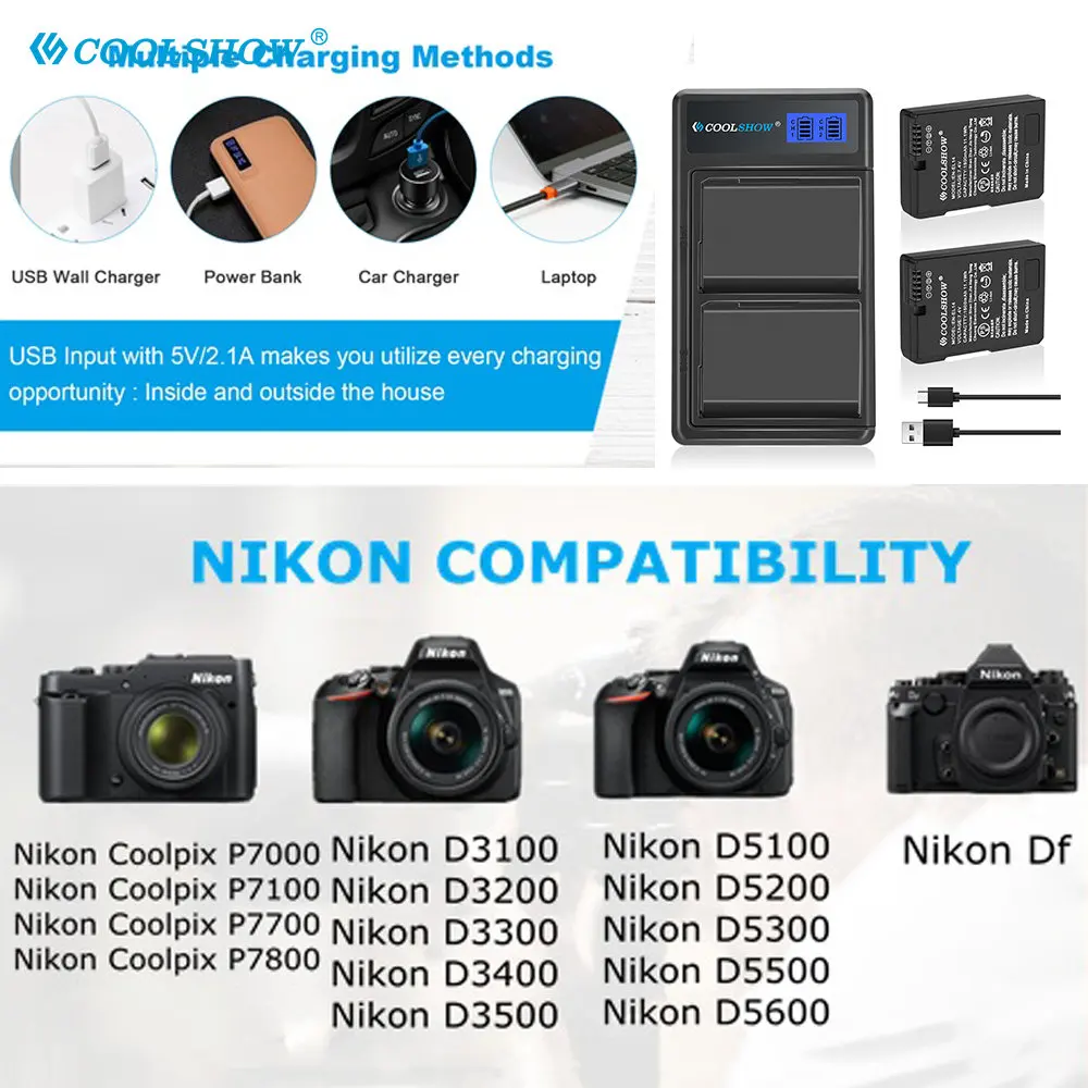 EN-EL14 EN EL14 Battery For Nikon D3100 D3200 D3300 D3400 D3500 D5600 D5100 D5200 P7000 P7100 P7800 1500mah Batteries Charger