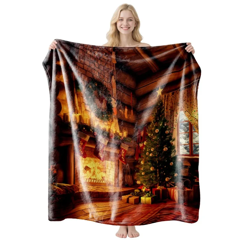 Christmas Throw Blanket Vintage Log‑Cabin Fireplace Xmas‑Tree Stocking Gift Box Printed Soft Lightweight Decor Blanket