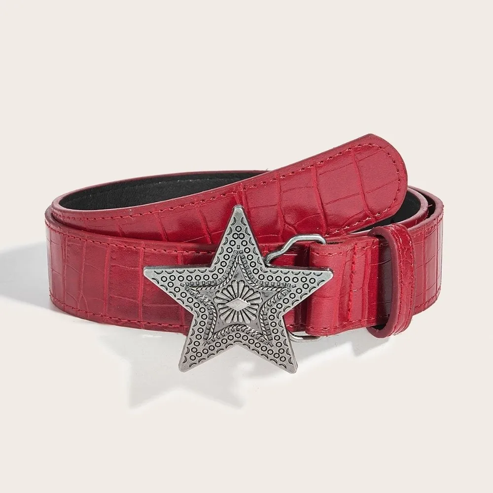 Retro Five-pointed Star Buckle Women's Belt Red PU Leather Fashion Jeans Belt All-Matched Girdle Hip-hop Waistband