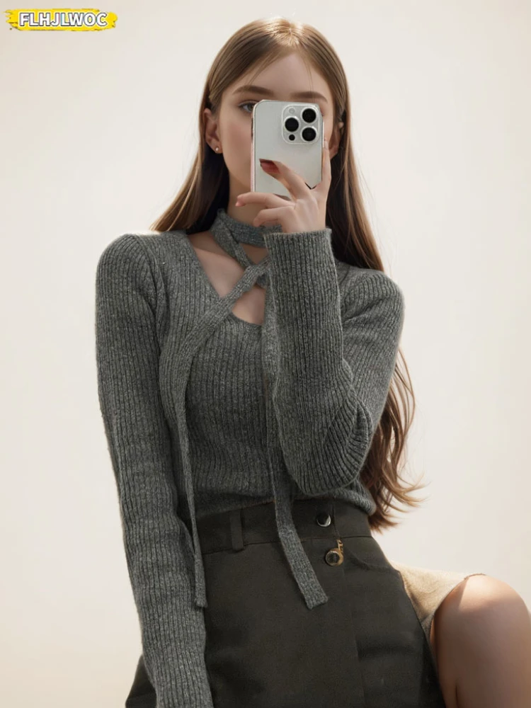 Chic Korea Design Women Sweatshirts V Neck Long Sleeve Shirts Lace-Up Tops Casual Fall Winter Pullovers Sweaters