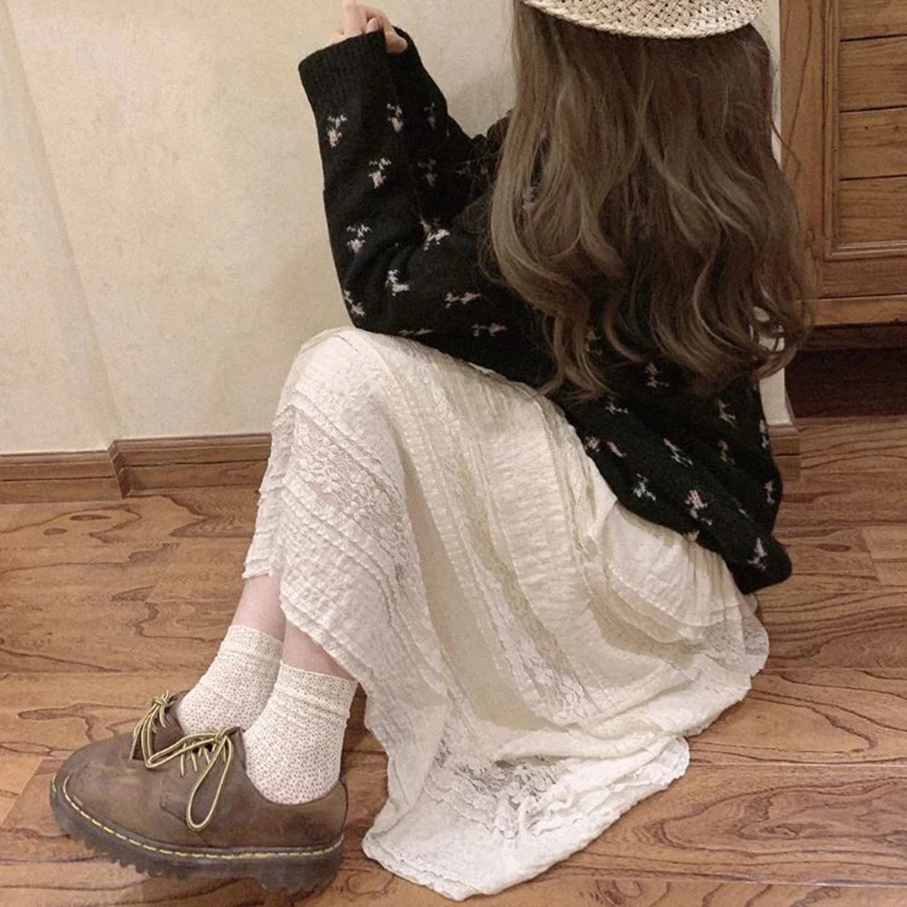 

Fashionable Skirt Lace Skirt Regular Length Slightly Elastic Solid Pattern Elegant Daily Wear Skirt Vintage L M
