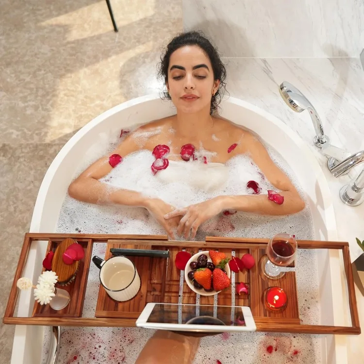 Premium Teak Bathtub Tray, Expandable Wooden Bath Tray for Tub, Luxury Bathtub & Bathroom Accessories image 5