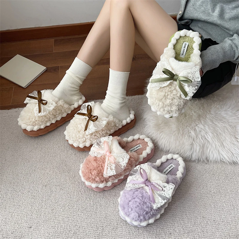 

Тапочки женские зимние домашние, элегантная теплая удобная повседневная обувь с бантом для дома, спальни
