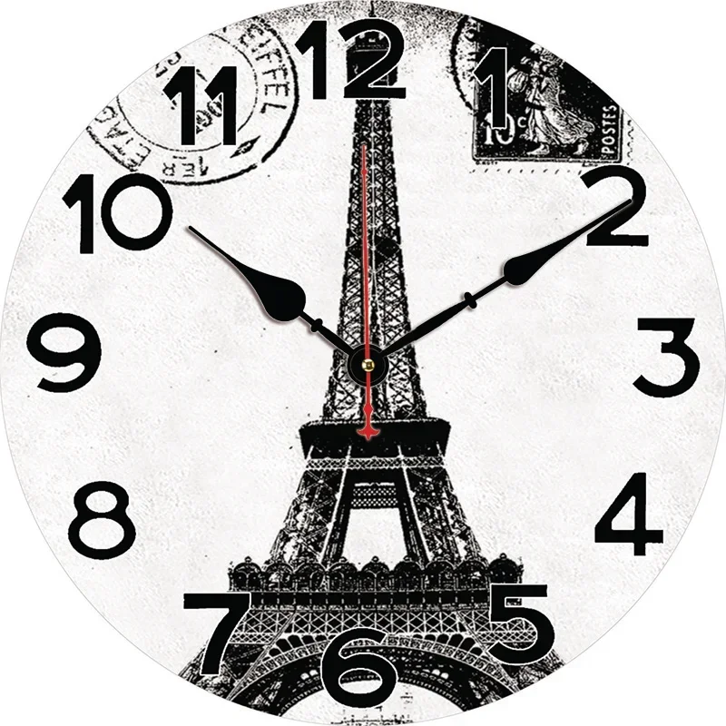 Reloj de pared de la Torre Eiffel de París en blanco y negro, relojes redondos silenciosos, decoración de pared para el hogar, dormitorio, sala de estar, decoración de oficina