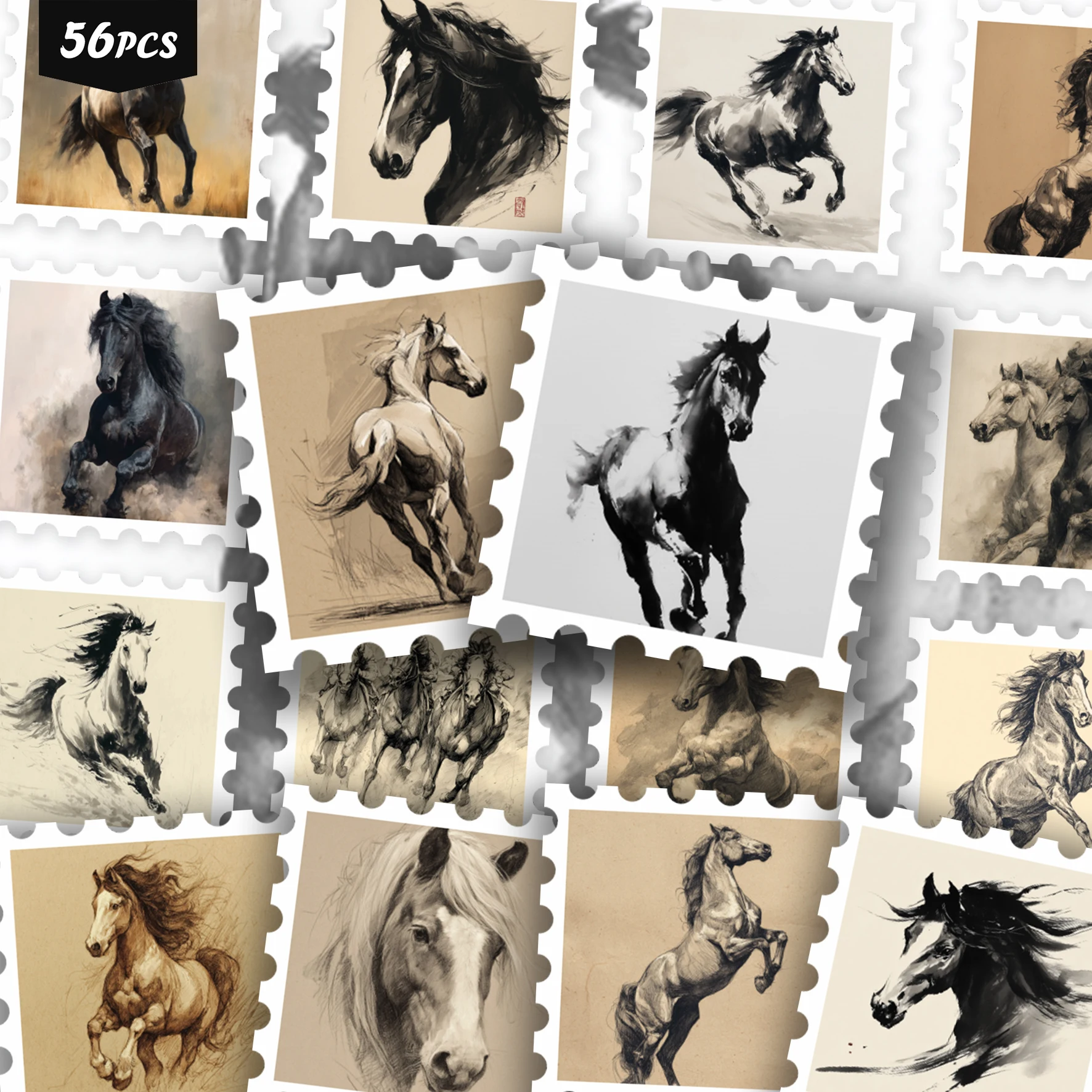 56PCS Antique Sketch Horse Stickers, vivid running steed motifs, rugged vintage aesthetic, ideal for tumblers, for pads and for