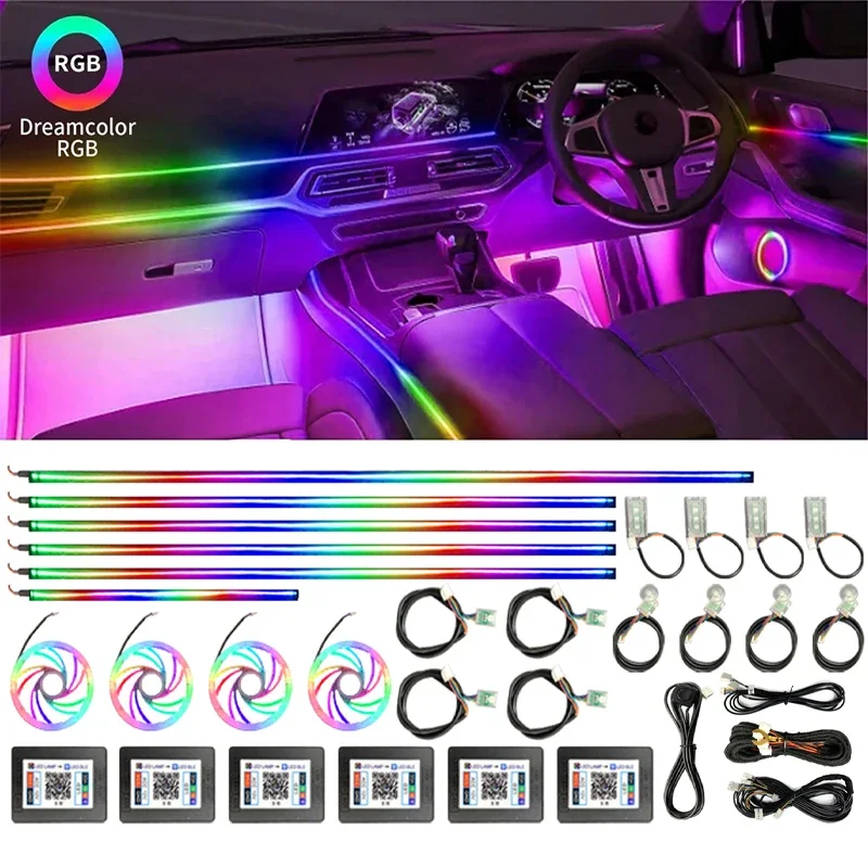 6 In1 Full Universal Symphony Car LED Ambient Lights Decoration Atmosphere Lamp 64 RGB Colorful Streamer Rainbow App Control