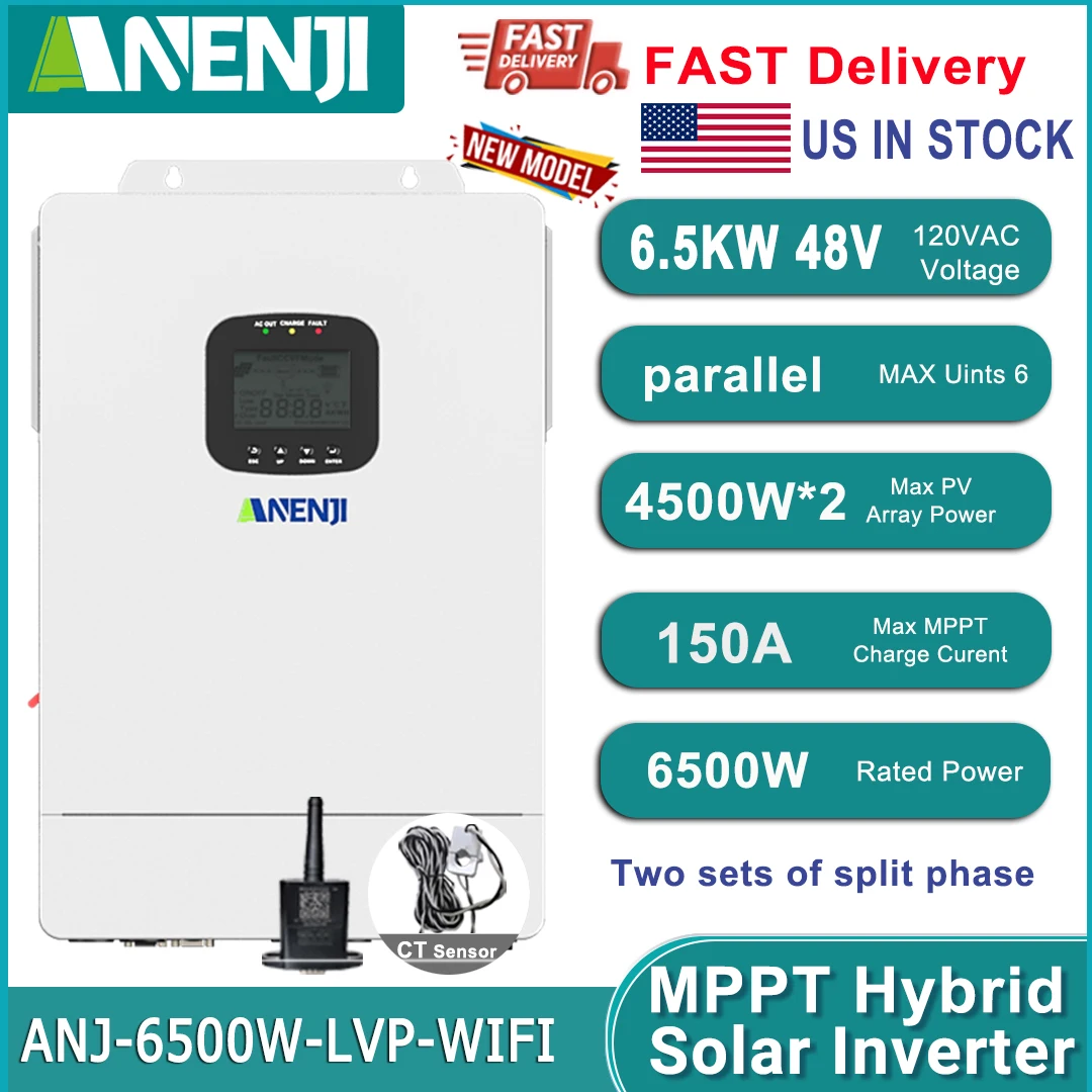 ANENJI 6.5KW Hybrid Inverter 48V 110V 220V With MPPT 150A Solar Charger Dual Input Parallel Split Phase Up to 6Units RS485 CAN