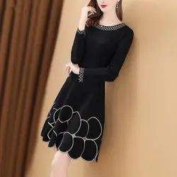 Elegant Fashion Circle Embroidery Midi Dress 2024 Spring Autumn Women's Clothing Commute Solid Color All-match Patchwork Dresses