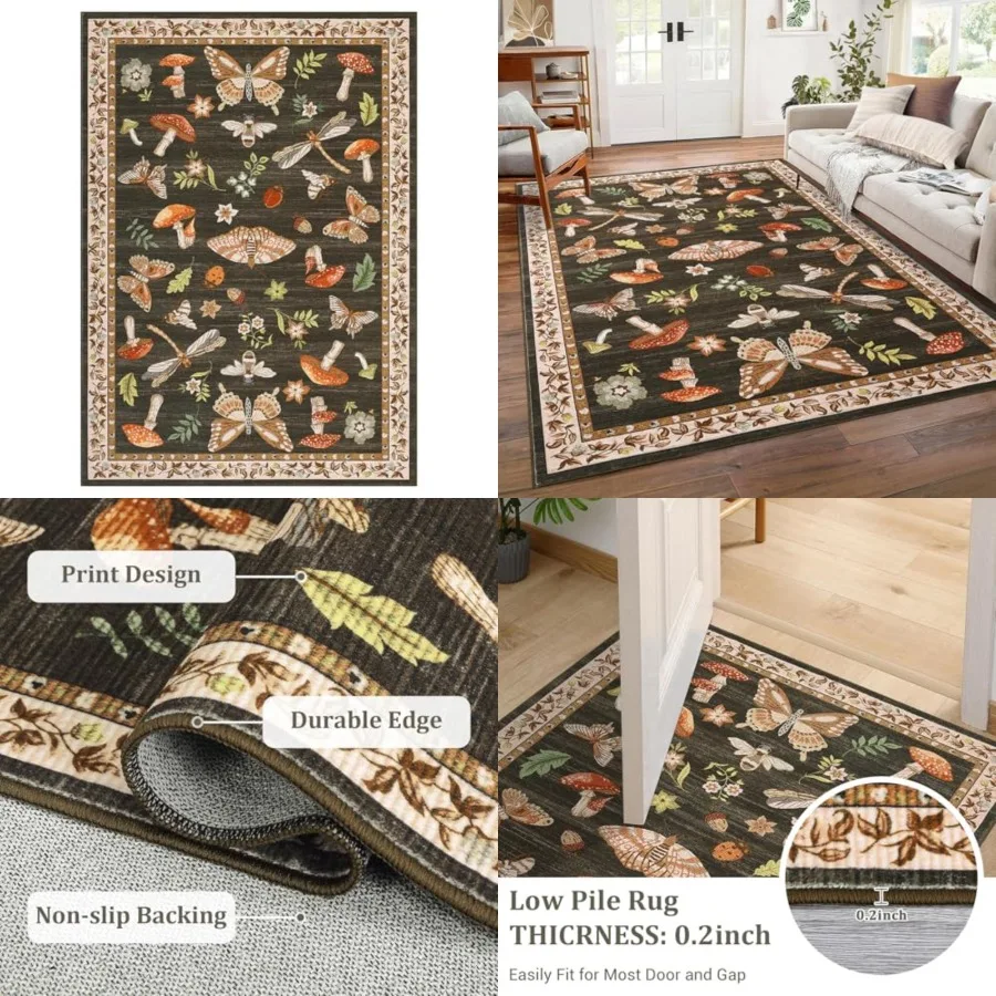 

Mushroom Washable Rug 5x7 Area Rugs for Living Room, Insect Print Rug for Bedroom, Non Slip Throw Carpet with Rubber Back, Soft