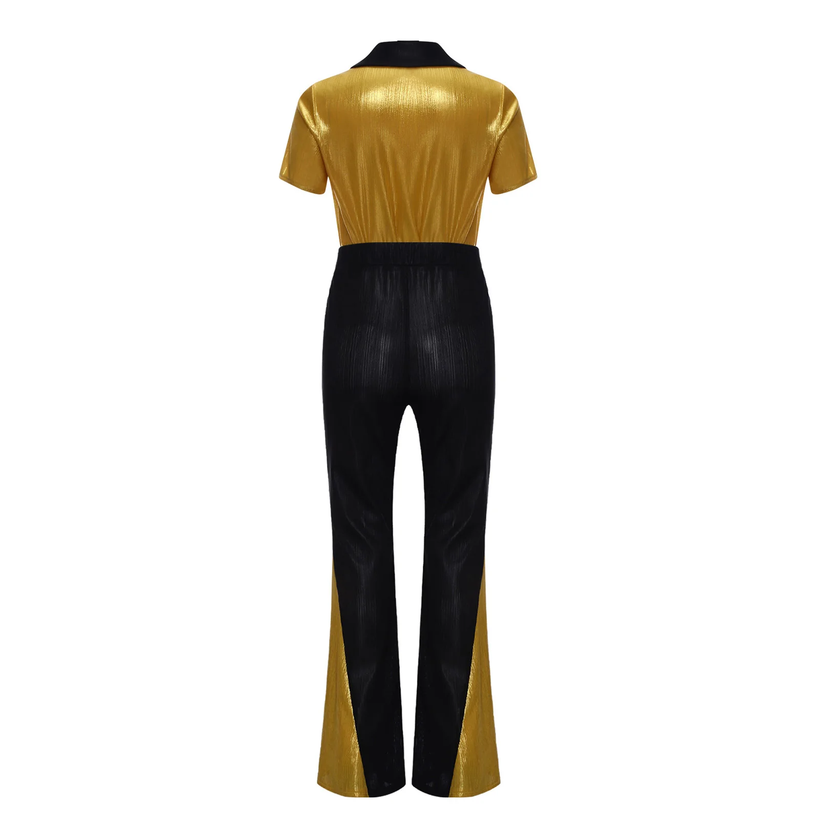 Boys 70s Disco Party Costume Gloss Short Sleeve Buttons Shirt Top with Flare Pants for Halloween Jazz Dance Stage Performance