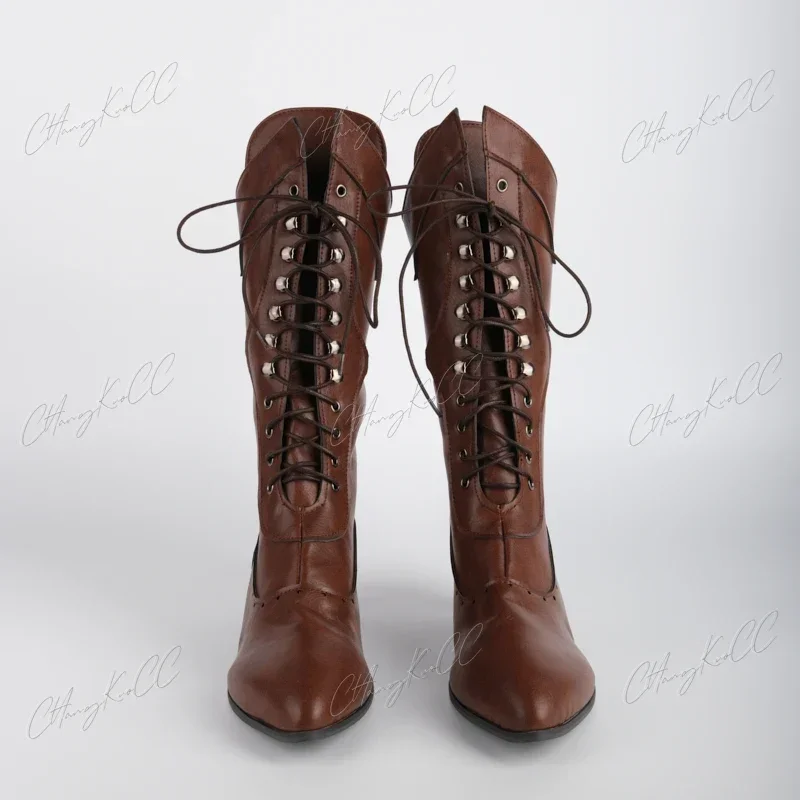 Botas de cavaleiro retrô em couro PU para mulheres, punk britânico nobre, medieval, salto alto, bota no tornozelo, moda Lady Cosplay