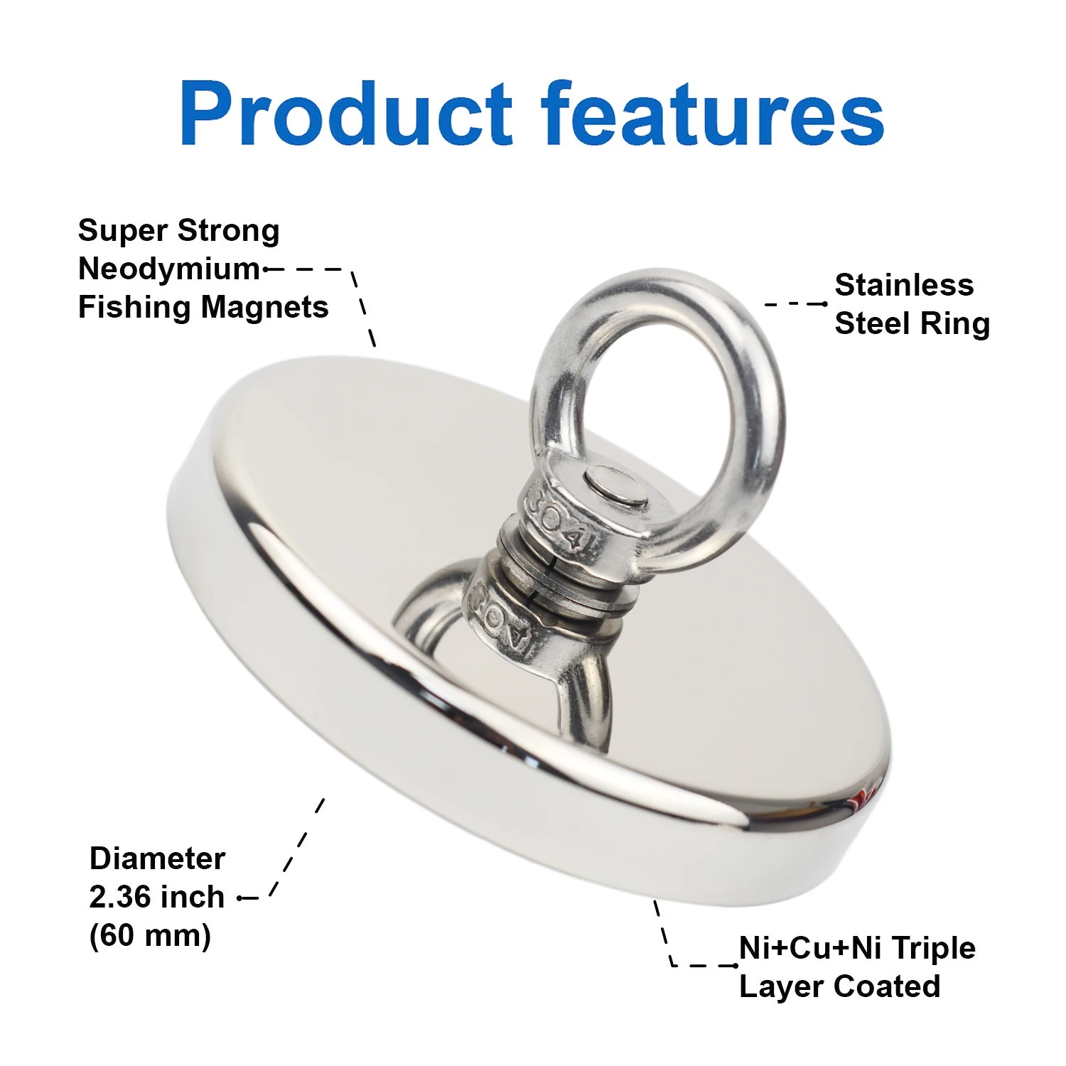 Super Strong Neodymium Fishing Magnet Hooks N52 Heavy Duty Magnet with Countersunk Hole Eyebolt 16-60mm Salvage Searcher Magnets