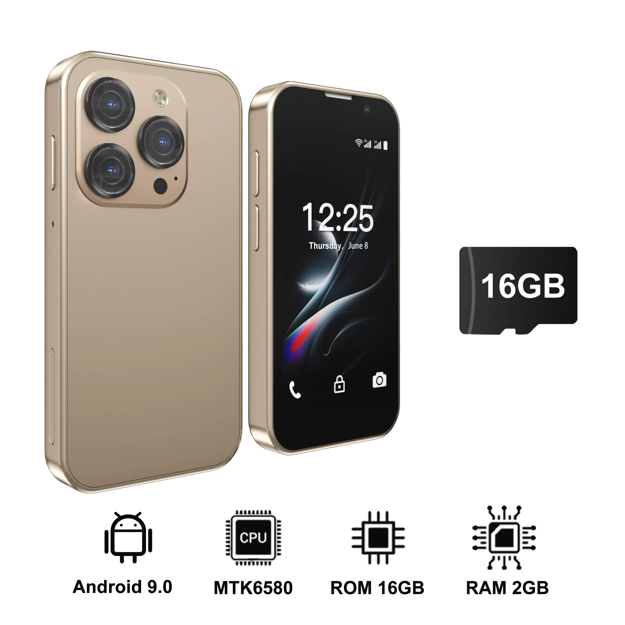 SERVO 3G Super Mini Smartphone Android 9.0 OS 2GB+16GB Gezichtsontgrendeling Play Store WiFi Hotspot 2 SIM Standby 3.0" Kleine Smartphones