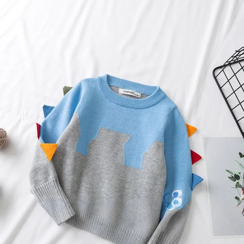 Bellbell Autumn Children Boy Sweater 2-8Yrs Kids Boys Dinosaur Jacquard Pullovers Loose Round Collar Toddler Babys Boys Knitwear
