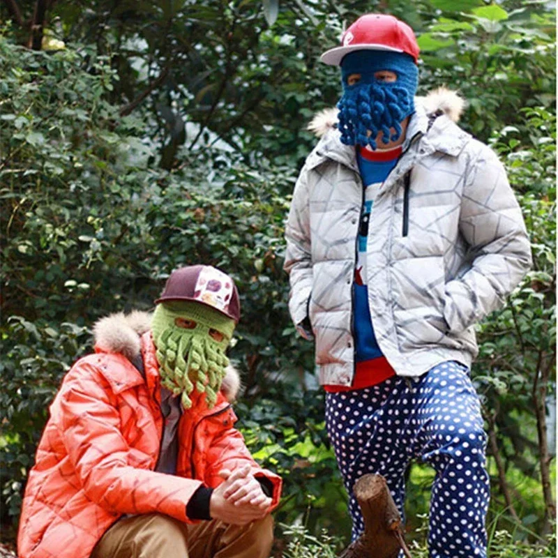 مضحك حفلة الأخطبوط اللحية قبعة الجدة للجنسين الحيوان Cthulu الكروشيه اللامسة متماسكة قناع الرياح قبعة تزلج قبعات الهالوين #2