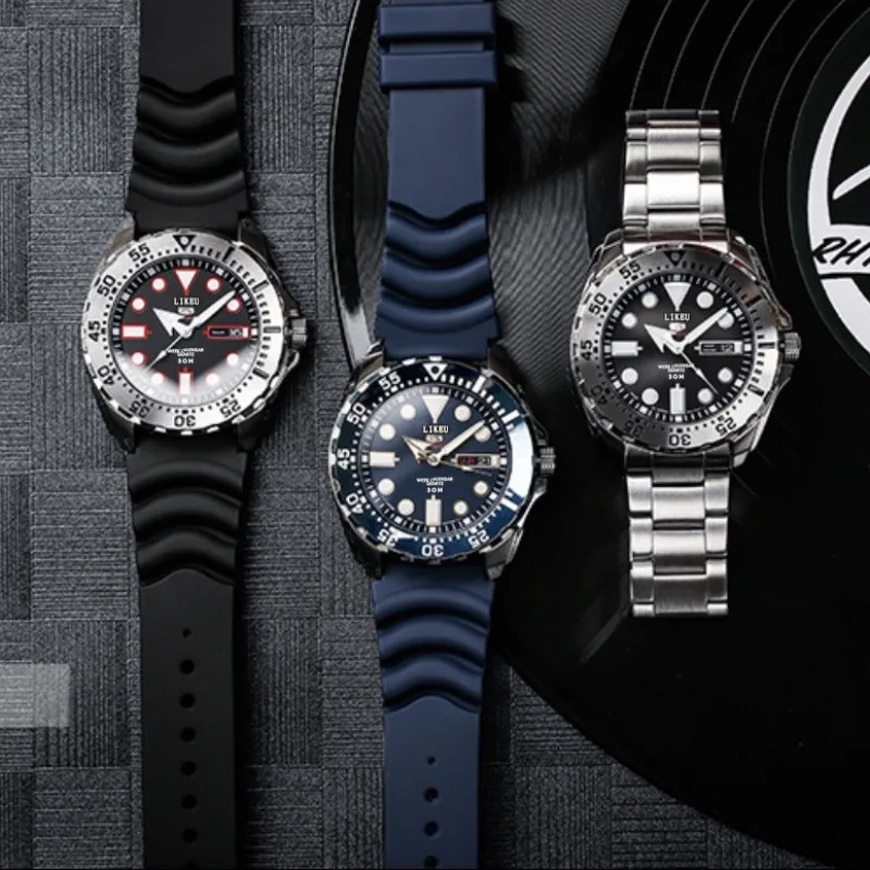 44mm Stainless Steel No. 5 Men's Watch Luminous Waterproof Dual Calendar Quartz Watch Steel Band Silicone Watch