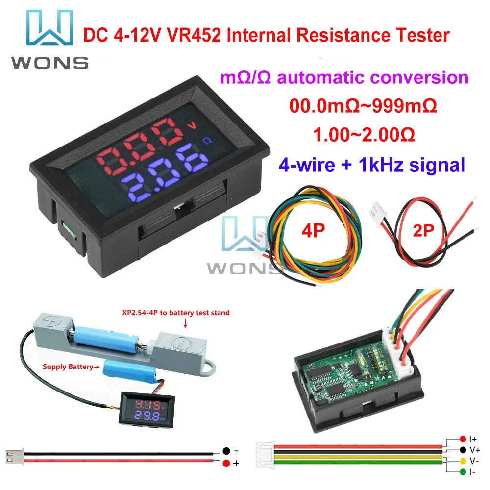 

DC 4-12V VR452 Internal Resistance Tester 0.56 inch Dual Digital Display Battery Voltmeter Resistor Tester 00.0mΩ~999mΩ