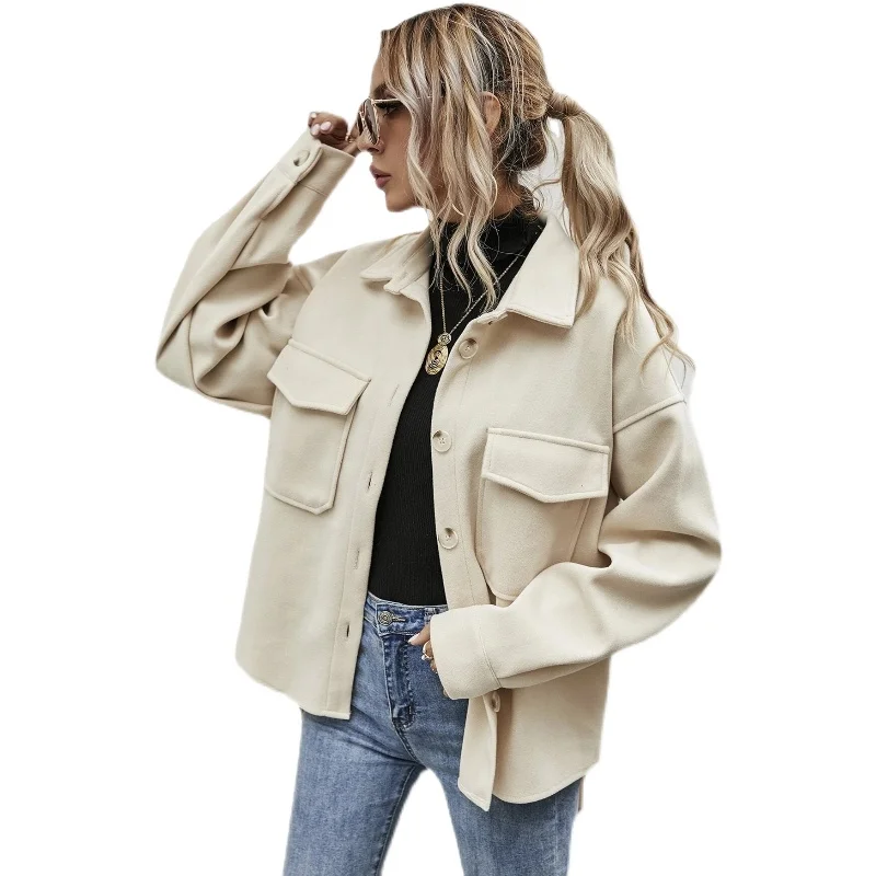 Thiened 無地 irt Sle シングルボタン ルーズ アウターウェア コート レディース 秋冬 襟付き ロングスリーブ コットンブレンド