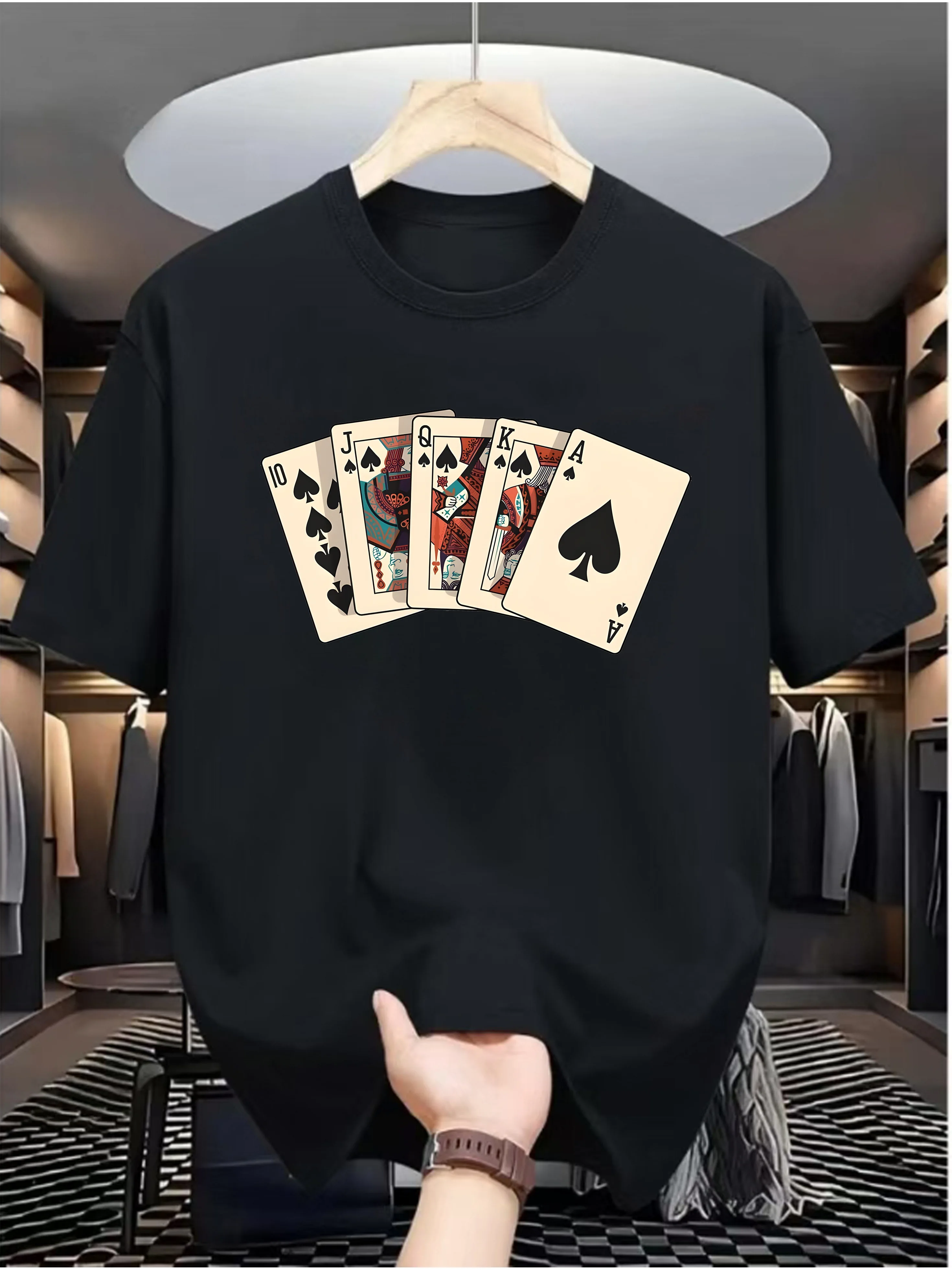 Men Summer Fun Poker Card Pattern T-shirt 100% Cotton Fabric Suitable for Daily Sports and Outdoor Wear Trendy and Fashionable