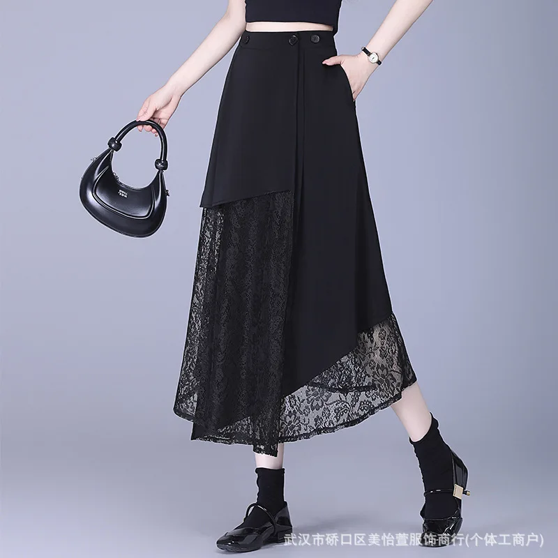 Irregular black lace summer 2025 new thin long slim high waist foreign A-shaped  y2k skirt slim fit korean fashion clothing