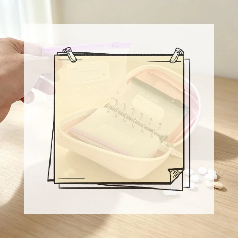 Travel Pill Organizer Binder With7/ 14 Coded Zipper Pouches Waterproof Exterior 3-Ring Writable Labels Crush-Resistant Shell