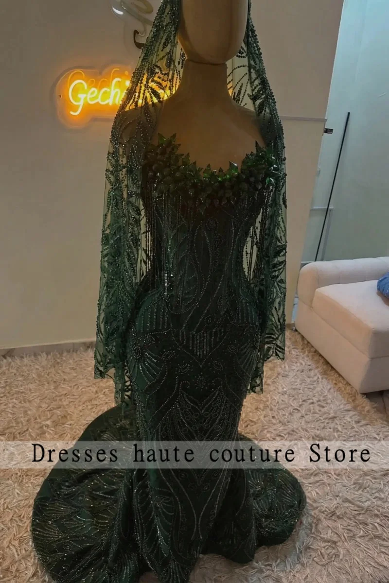 Emerald Green Beading Sequin Veil Diamond Prom Dress 2026 For Black Girl Birthday Party Dress Tassel Mermiad Dress Customized