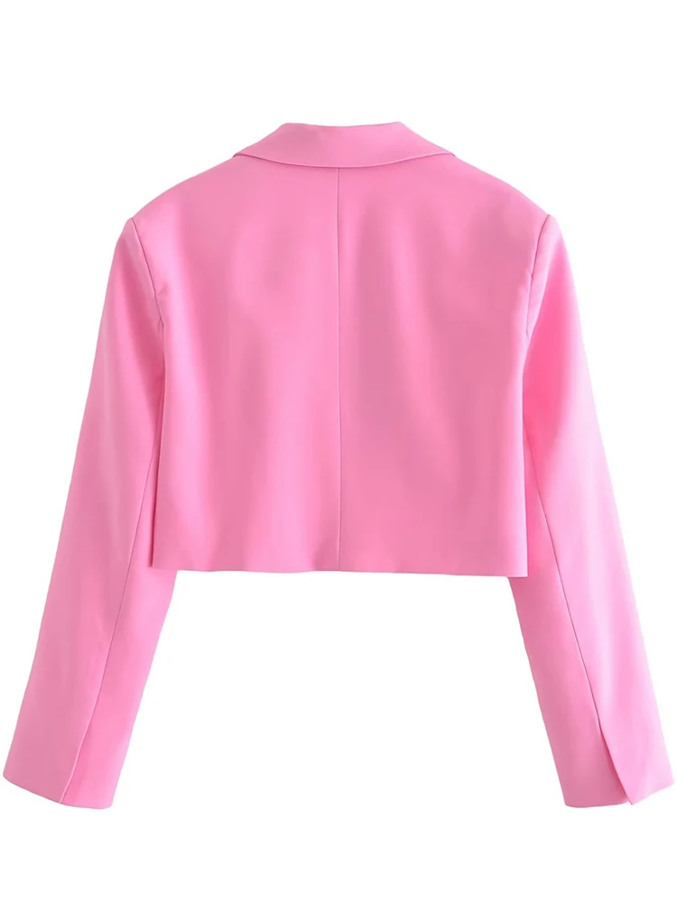 YENKYE 2023 Women Single Button Pink Crop Blazer Vintage Long Sleeve Lapel Collar Elegant Ladies Office Suit Coat