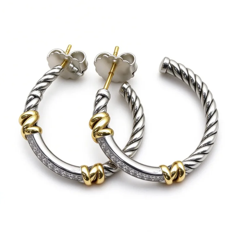 Two Tone Twisted Cable Earrings for Women,Half Hoop Silver Cable Gold Knot Pave CubicZirconia, Gold and Silver Tone Alloy Earrings,Braided Texture Elegant Design, Secure Backing,Chic Jewelry Gift for Her, Daily Wear Party DateNight, Hypoallergenic