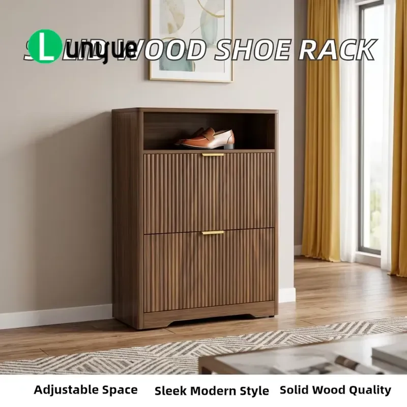 Slender Grooved Wooden Shoe Cabinet with Flip Drawer and Open Top Rack Entryway Storage Furniture for Hallway Entrance Space