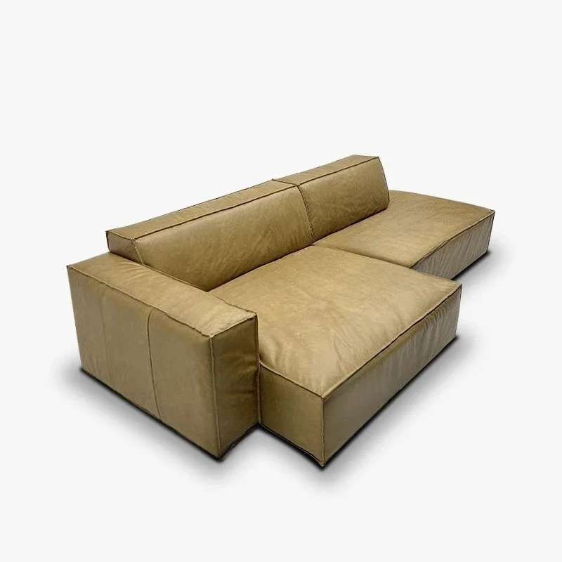 أريكة خبز التوفو المصنوعة من جلد البقر بالكامل من شمع الزيت، مجموعة وحدة بسيطة من تصميم المشاهير على الإنترنت لغرفة المعيشة أريكة من القماش غير اللامع #2