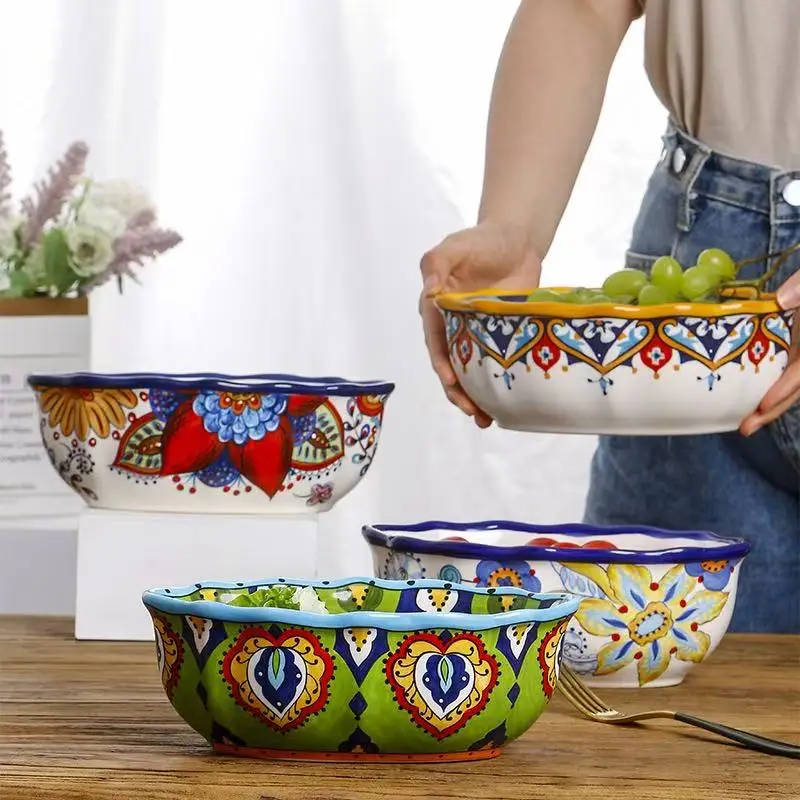 bohemian-hand-painted-ceramic-oval-bowl-ethnic-style-lace-salad-bowl-vintage-fruit-bowl-dessert-bowl
