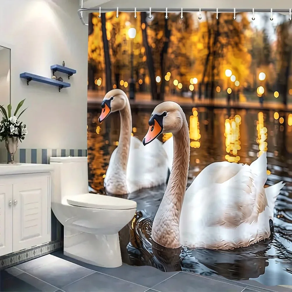 Romantic Swan Couple Shower Curtain Waterproof Easy to Clean Privacy Protection Print Autumn Lake Scene Nature Art HooksIncluded