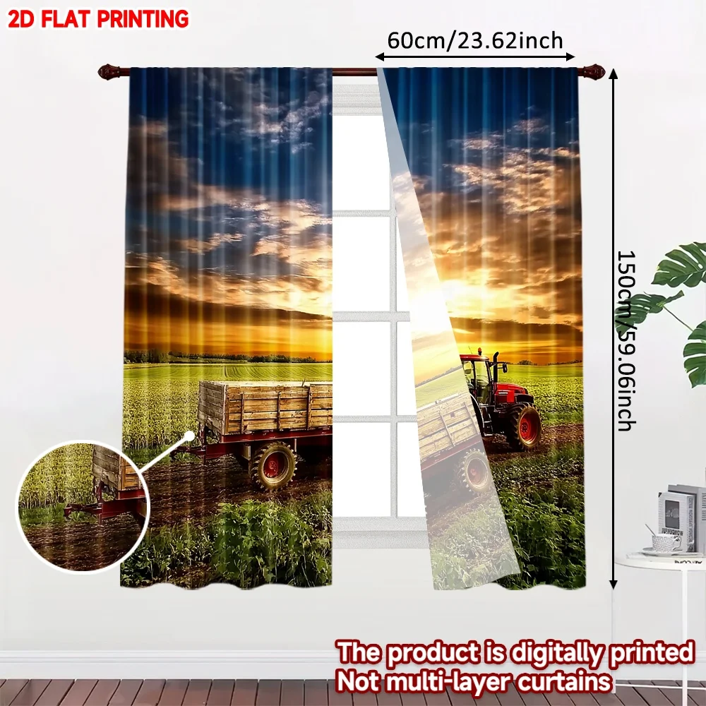 2pcs Sunset Tractor Curtains 2D Flat Digital Printing, Red Tractor with Wood Cart in Countryside Field for Rustic Bedroom Decor