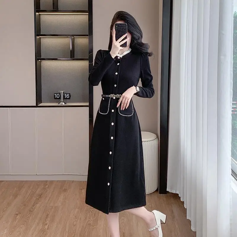 Vestido Base negro de manga larga para ir al trabajo con cuello redondo de alta calidad para mujer Otoño Invierno