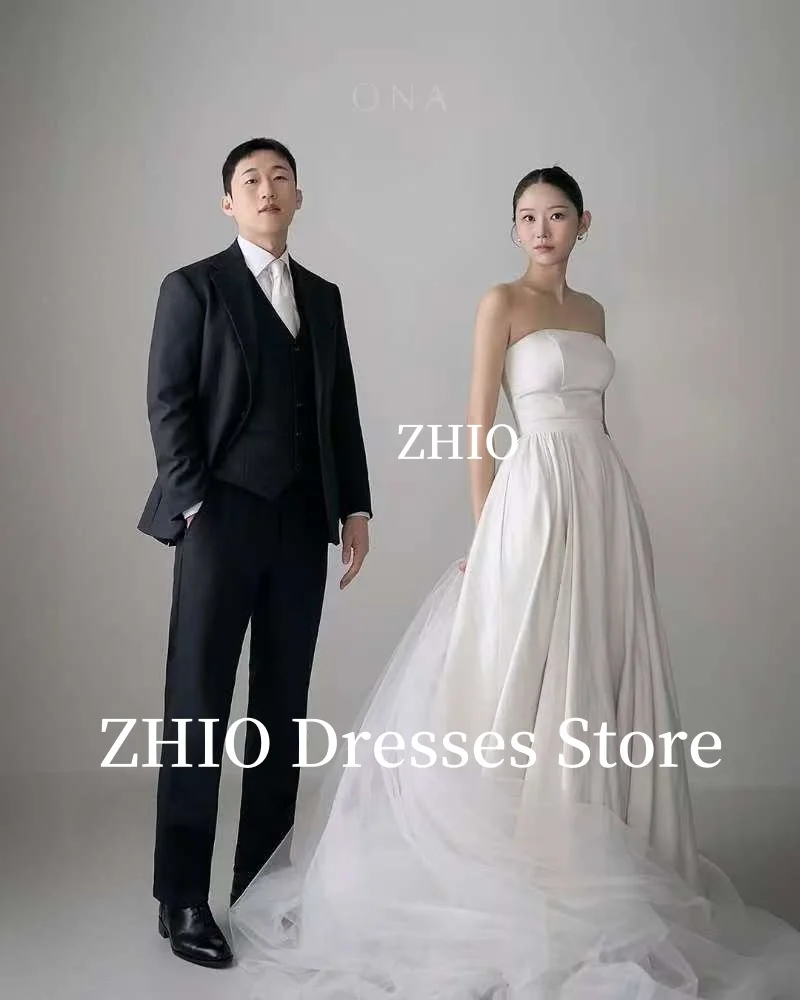 ZHIO Einfaches Hochzeitskleid aus Seidentaft mit Tüll, Korea-Fotoshooting, A-Linie, bodenlang, Brautkleider, individuell gestaltet, elegant