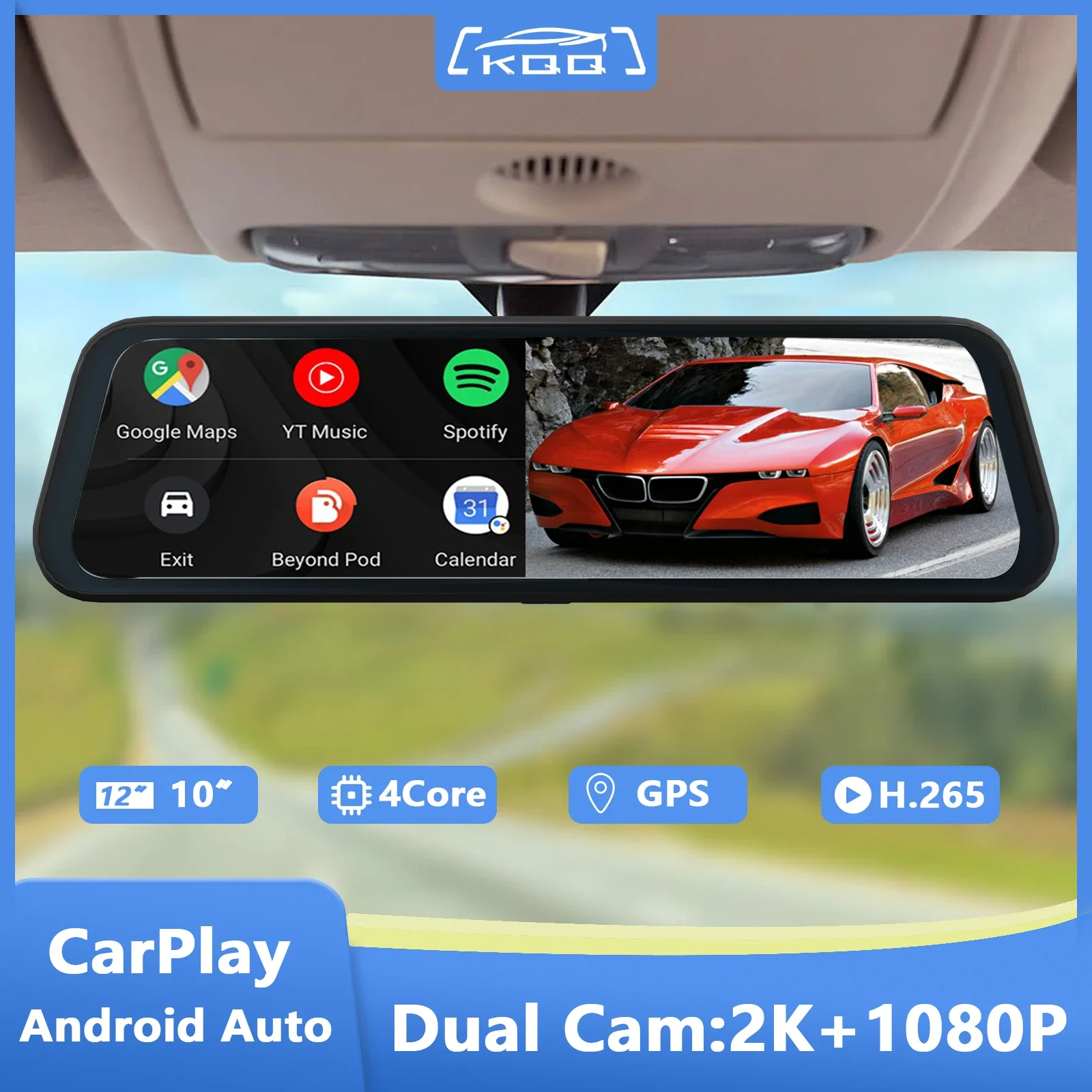 

KQQ 10" 4K Mirror Dash Cam with Wireless Carplay Android Auto Loop Recording WiFi Video Bluetooth GPS Navigation Voice Control