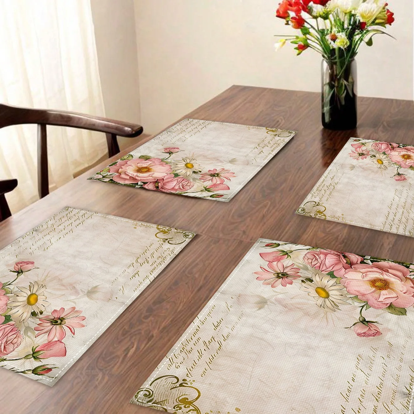 Vintage Style Linen Placemat, Floral Pattern, Heat-Resistant & Durable Placemat, Home Kitchen Use