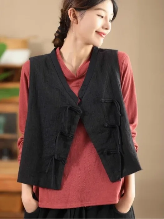 

Льняной жилет на пуговицах в китайском стиле в стиле ретро, женский осенний универсальный топ на бретелях, подходящая для всей одежды