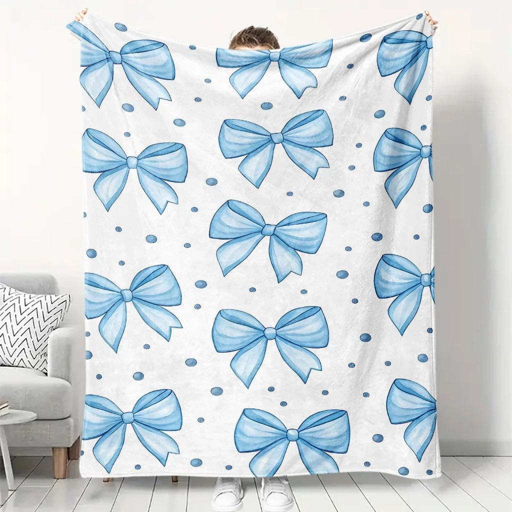 Cartoon Light Blue Bow Polka Dot Repeat Plain White Background Flannel Throw Blanket, Warm Cozy Blanket, Cute Decor Gift For