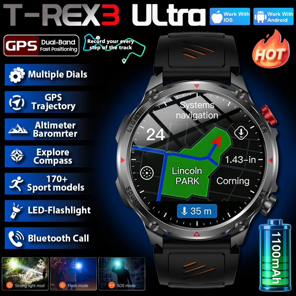 

New T-REX3 Ultra 1100mAh Battery SmartWatch 5ATM Waterproof GPS Compass Flashlight 1.7" AMOLED HD Call Sports Smart Watch Men