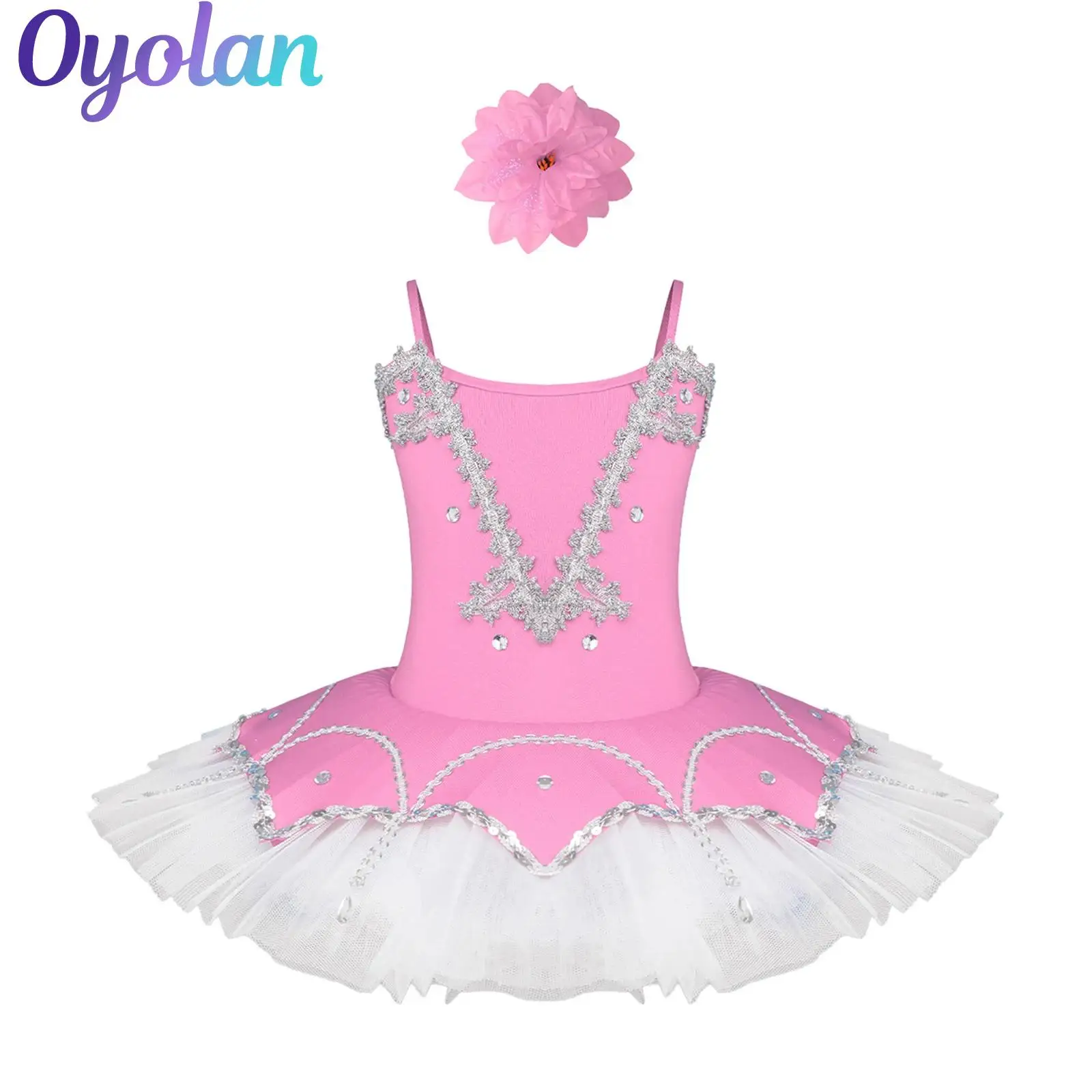 

Kids Girls Gymnastics Ballet Tutu Leotard Camisole Dress Sparkly Rhinestone Dancewear Braid Trim Layered Ballerina Tutu Costume
