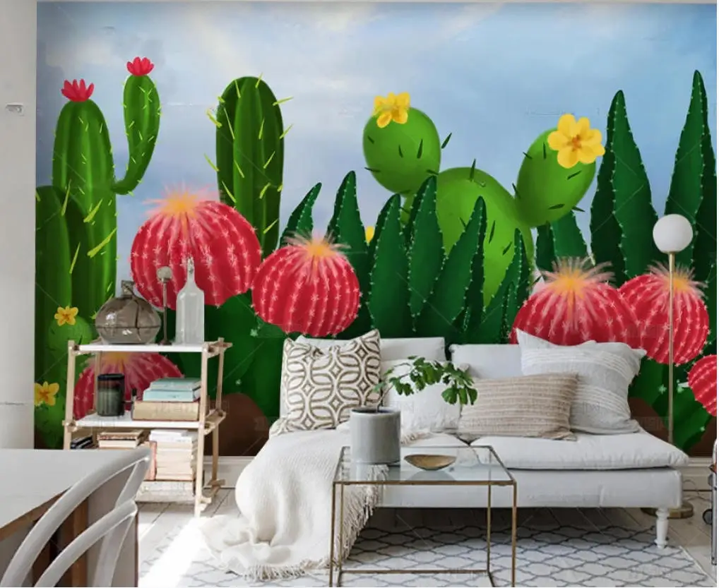 Custom photo wallpaper mural small fresh Hand Painted tropical plant cactus background decoration wallpaper for walls 3 d