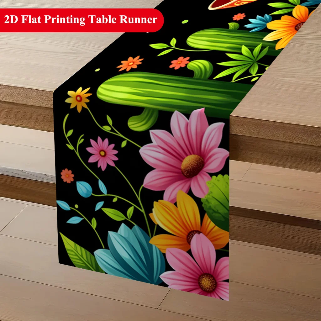 1pc 2D Flat Mexican Style Element Print Polyester Table Runner Rectangular For Dining Kitchen Restaurant Party Decor